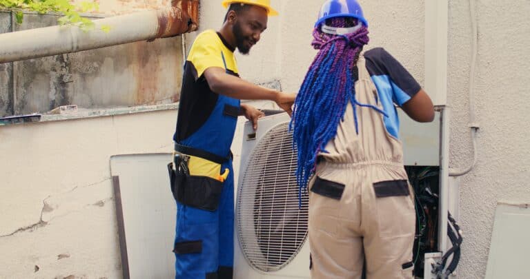 Professionals working on air conditioner